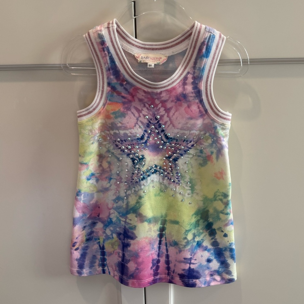 Baby Sara Girls' Tie-Dye Tank Dress with Star Studs - Pink/Blue